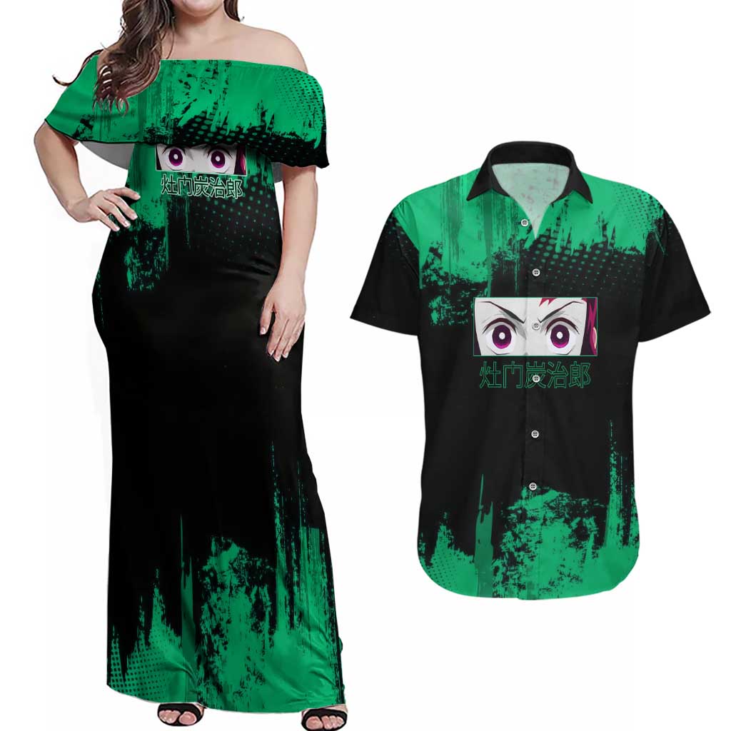 Tanjiro Kamado Demon Slayer Green Grunge Design Couples Matching Off Shoulder Maxi Dress and Hawaiian Shirt with Determined Eyes and Classic Checkered Haori - The Mazicc