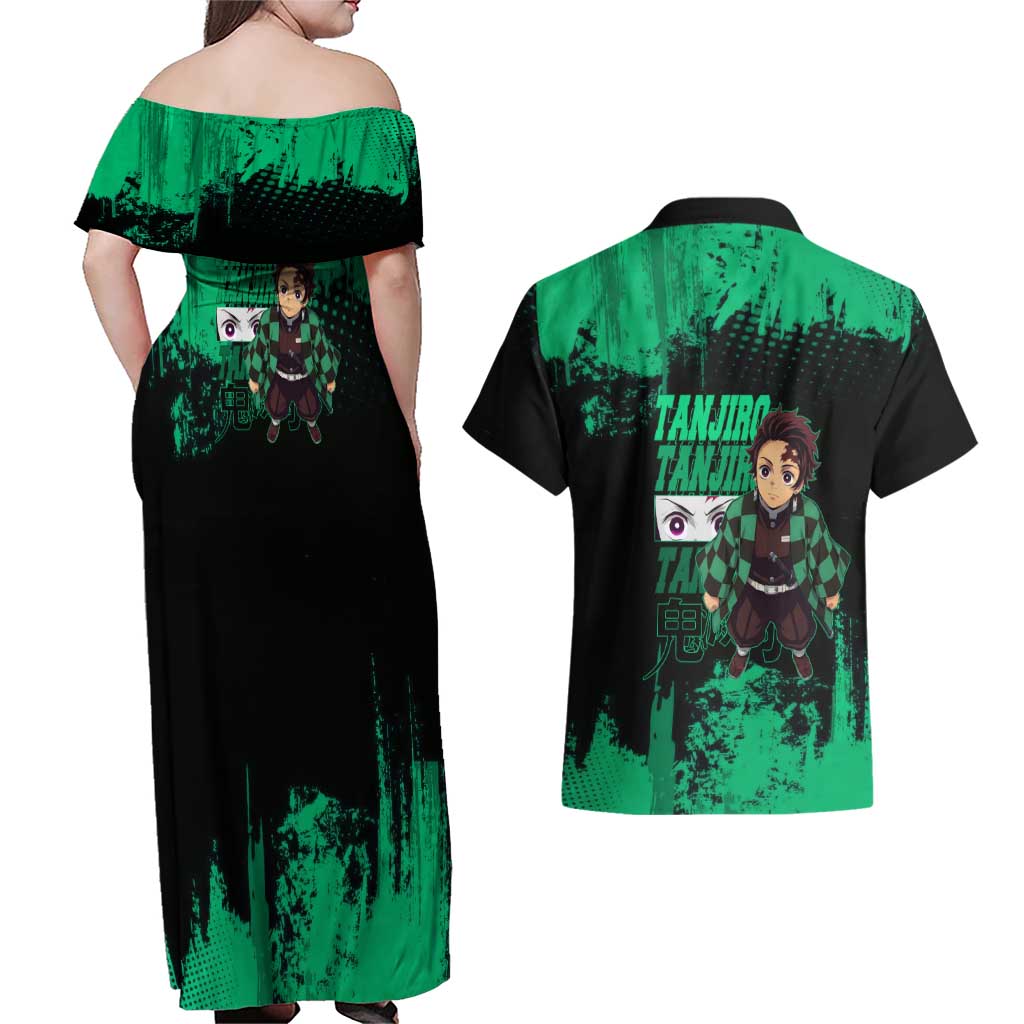 Tanjiro Kamado Demon Slayer Green Grunge Design Couples Matching Off Shoulder Maxi Dress and Hawaiian Shirt with Determined Eyes and Classic Checkered Haori - The Mazicc