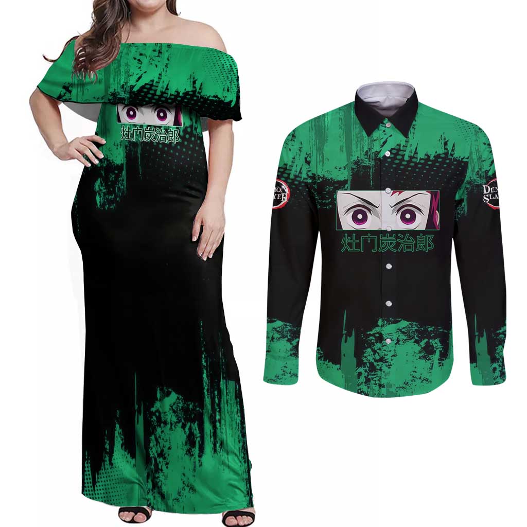 Tanjiro Kamado Demon Slayer Green Grunge Design Couples Matching Off Shoulder Maxi Dress and Long Sleeve Button Shirt with Determined Eyes and Classic Checkered Haori - The Mazicc