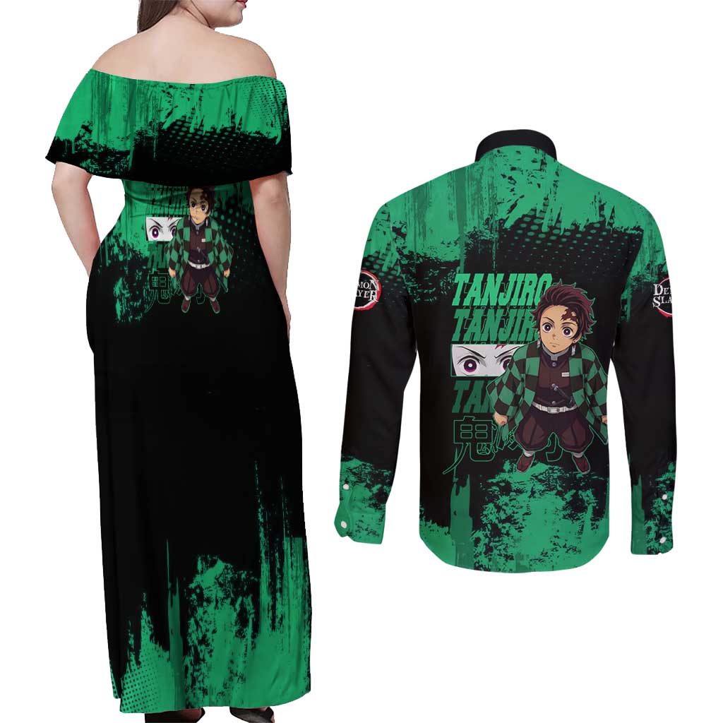 Tanjiro Kamado Demon Slayer Green Grunge Design Couples Matching Off Shoulder Maxi Dress and Long Sleeve Button Shirt with Determined Eyes and Classic Checkered Haori - The Mazicc