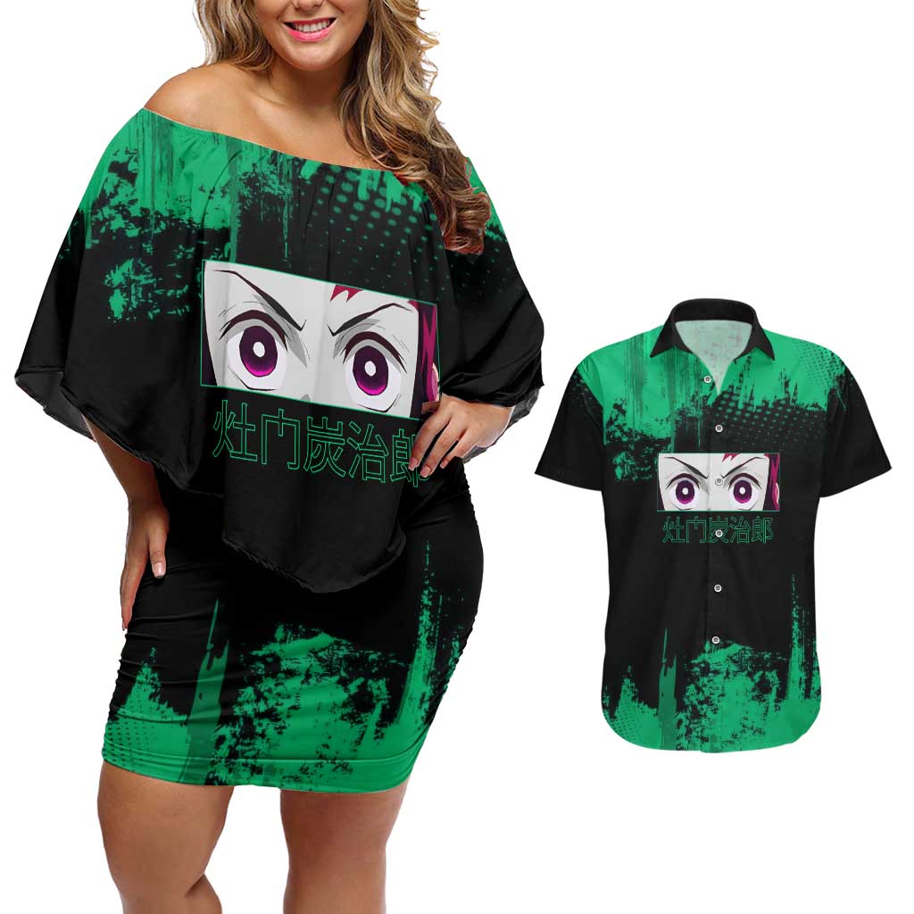Tanjiro Kamado Demon Slayer Green Grunge Design Couples Matching Off Shoulder Short Dress and Hawaiian Shirt with Determined Eyes and Classic Checkered Haori - The Mazicc
