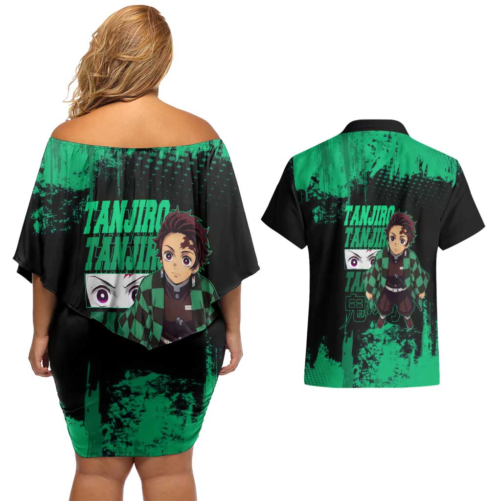 Tanjiro Kamado Demon Slayer Green Grunge Design Couples Matching Off Shoulder Short Dress and Hawaiian Shirt with Determined Eyes and Classic Checkered Haori - The Mazicc