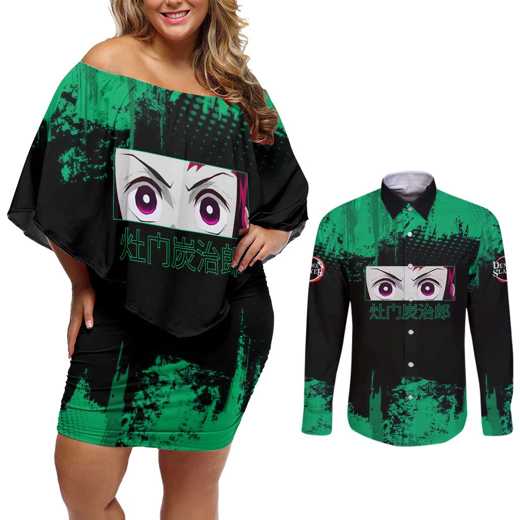 Tanjiro Kamado Demon Slayer Green Grunge Design Couples Matching Off Shoulder Short Dress and Long Sleeve Button Shirt with Determined Eyes and Classic Checkered Haori - The Mazicc
