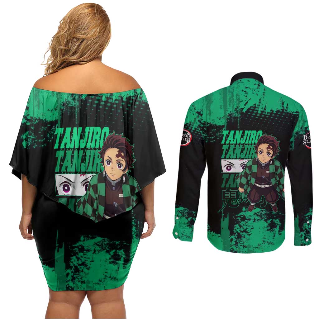 Tanjiro Kamado Demon Slayer Green Grunge Design Couples Matching Off Shoulder Short Dress and Long Sleeve Button Shirt with Determined Eyes and Classic Checkered Haori - The Mazicc