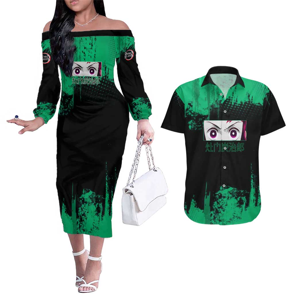 Tanjiro Kamado Demon Slayer Green Grunge Design Couples Matching Off The Shoulder Long Sleeve Dress and Hawaiian Shirt with Determined Eyes and Classic Checkered Haori - The Mazicc