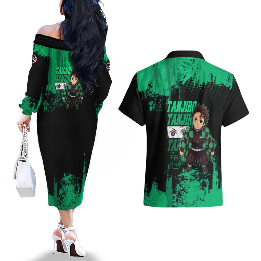 Tanjiro Kamado Demon Slayer Green Grunge Design Couples Matching Off The Shoulder Long Sleeve Dress and Hawaiian Shirt with Determined Eyes and Classic Checkered Haori - The Mazicc