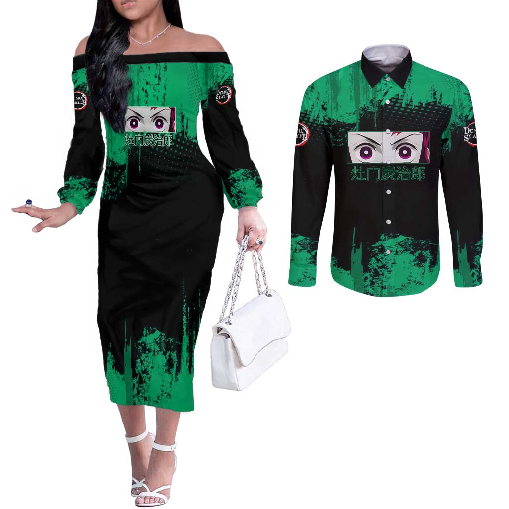 Tanjiro Kamado Demon Slayer Green Grunge Design Couples Matching Off The Shoulder Long Sleeve Dress and Long Sleeve Button Shirt with Determined Eyes and Classic Checkered Haori - The Mazicc