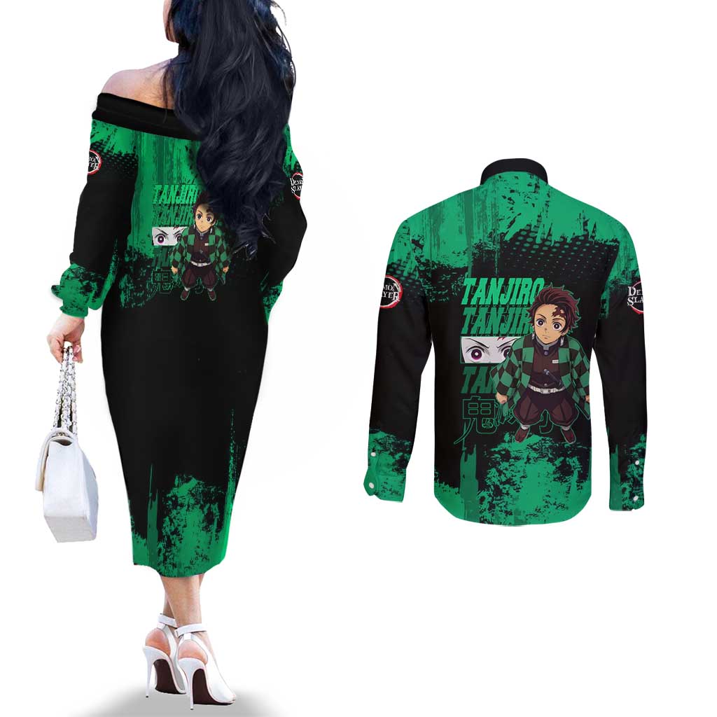 Tanjiro Kamado Demon Slayer Green Grunge Design Couples Matching Off The Shoulder Long Sleeve Dress and Long Sleeve Button Shirt with Determined Eyes and Classic Checkered Haori - The Mazicc