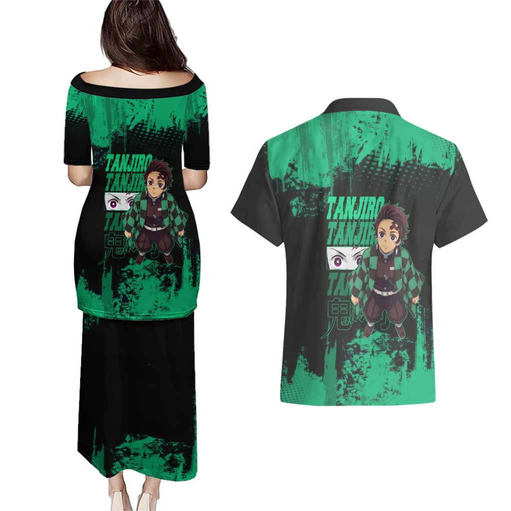Tanjiro Kamado Demon Slayer Green Grunge Design Couples Matching Puletasi and Hawaiian Shirt with Determined Eyes and Classic Checkered Haori - The Mazicc