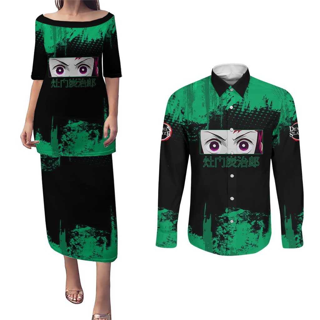 Tanjiro Kamado Demon Slayer Green Grunge Design Couples Matching Puletasi and Long Sleeve Button Shirt with Determined Eyes and Classic Checkered Haori - The Mazicc