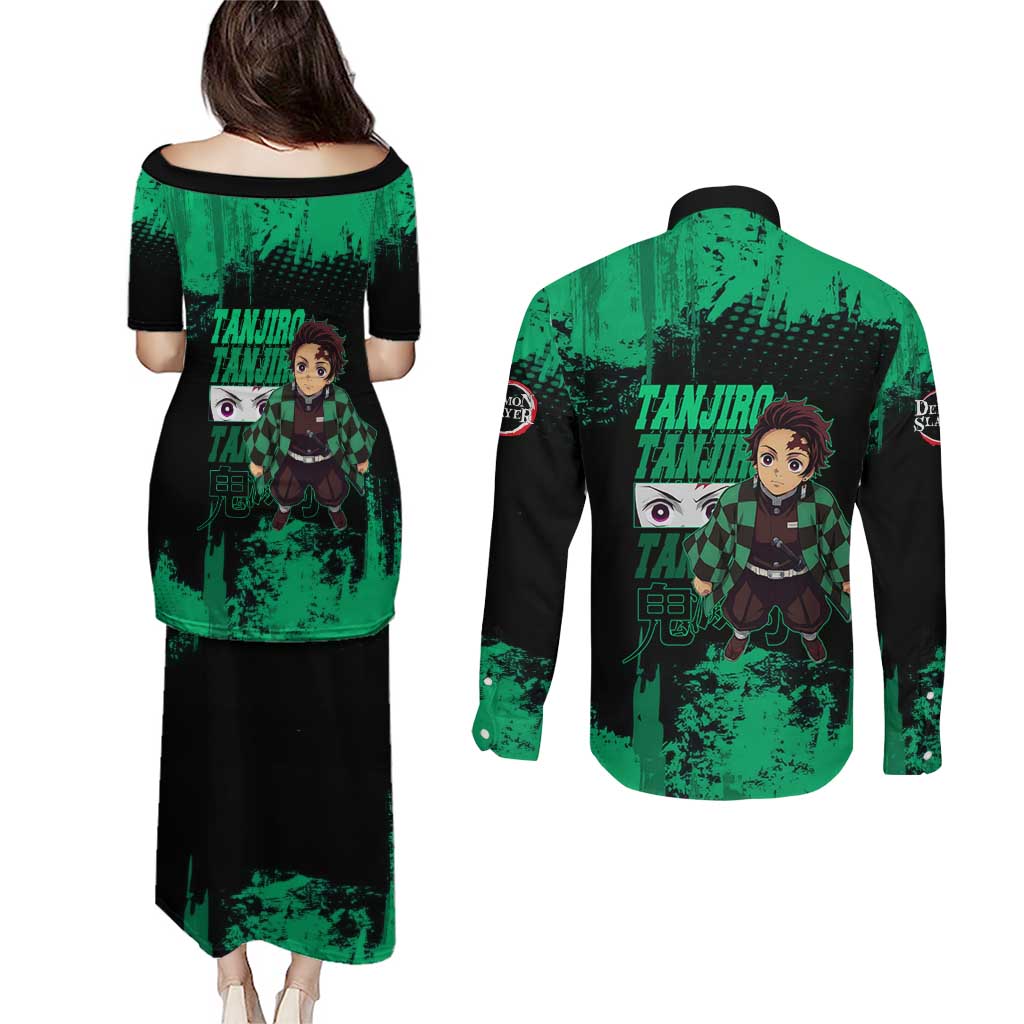 Tanjiro Kamado Demon Slayer Green Grunge Design Couples Matching Puletasi and Long Sleeve Button Shirt with Determined Eyes and Classic Checkered Haori - The Mazicc