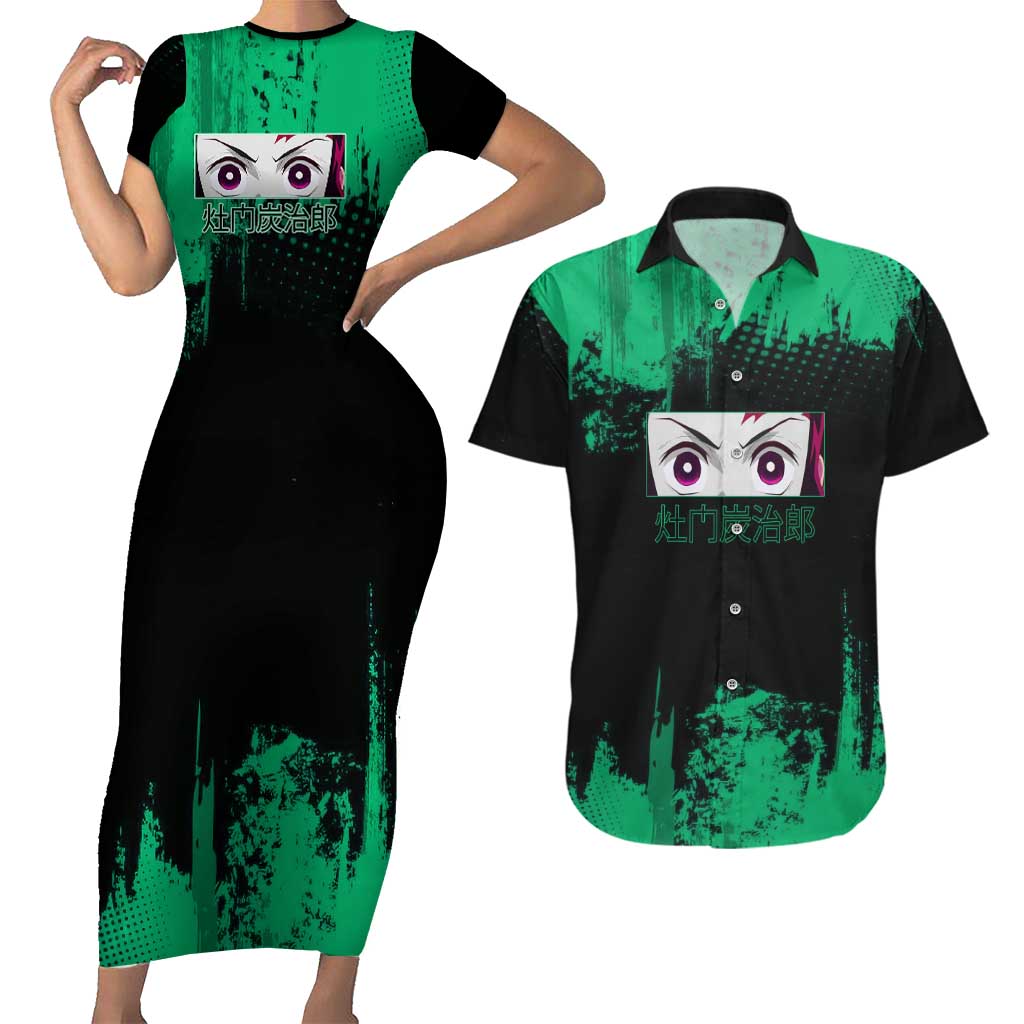 Tanjiro Kamado Demon Slayer Green Grunge Design Couples Matching Short Sleeve Bodycon Dress and Hawaiian Shirt with Determined Eyes and Classic Checkered Haori - The Mazicc