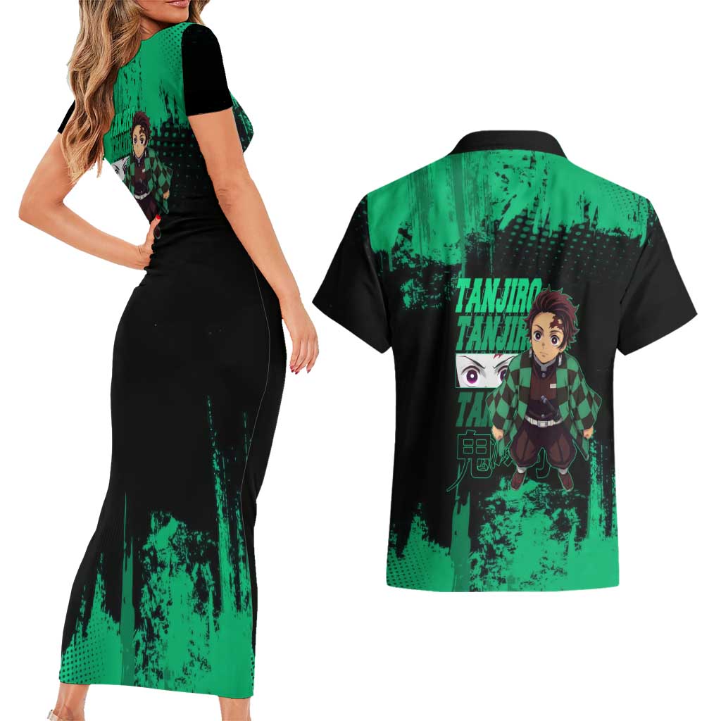 Tanjiro Kamado Demon Slayer Green Grunge Design Couples Matching Short Sleeve Bodycon Dress and Hawaiian Shirt with Determined Eyes and Classic Checkered Haori - The Mazicc