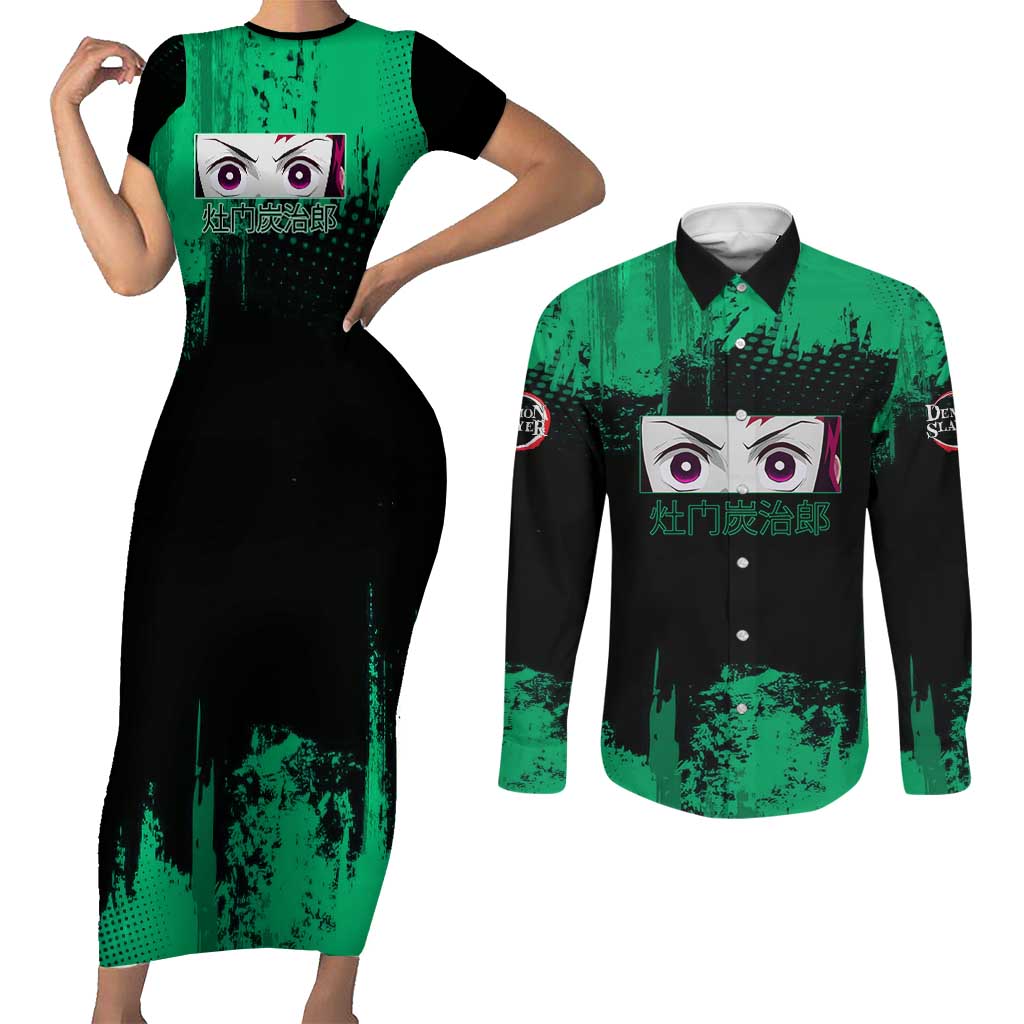Tanjiro Kamado Demon Slayer Green Grunge Design Couples Matching Short Sleeve Bodycon Dress and Long Sleeve Button Shirt with Determined Eyes and Classic Checkered Haori - The Mazicc