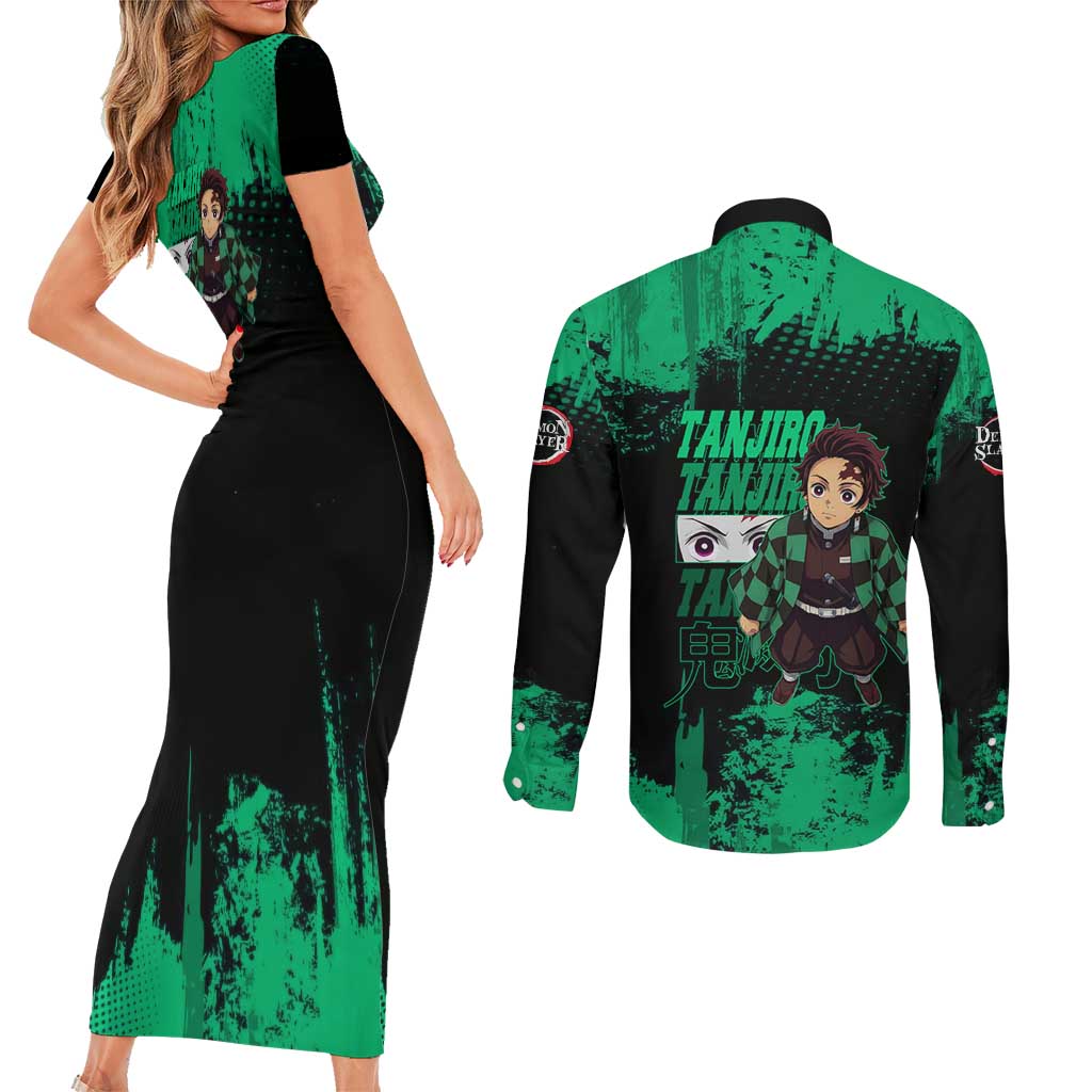 Tanjiro Kamado Demon Slayer Green Grunge Design Couples Matching Short Sleeve Bodycon Dress and Long Sleeve Button Shirt with Determined Eyes and Classic Checkered Haori - The Mazicc