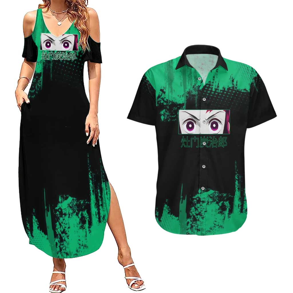 Tanjiro Kamado Demon Slayer Green Grunge Design Couples Matching Summer Maxi Dress and Hawaiian Shirt with Determined Eyes and Classic Checkered Haori - The Mazicc