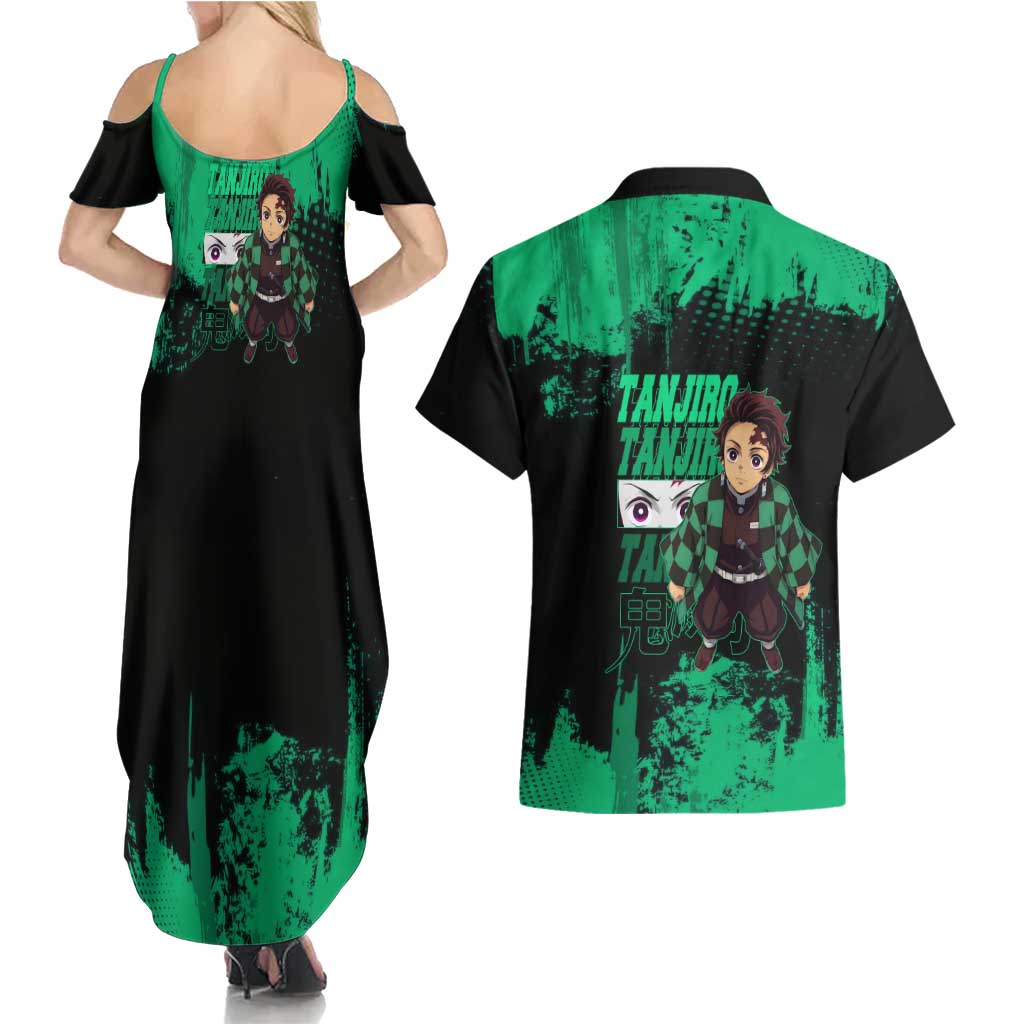 Tanjiro Kamado Demon Slayer Green Grunge Design Couples Matching Summer Maxi Dress and Hawaiian Shirt with Determined Eyes and Classic Checkered Haori - The Mazicc