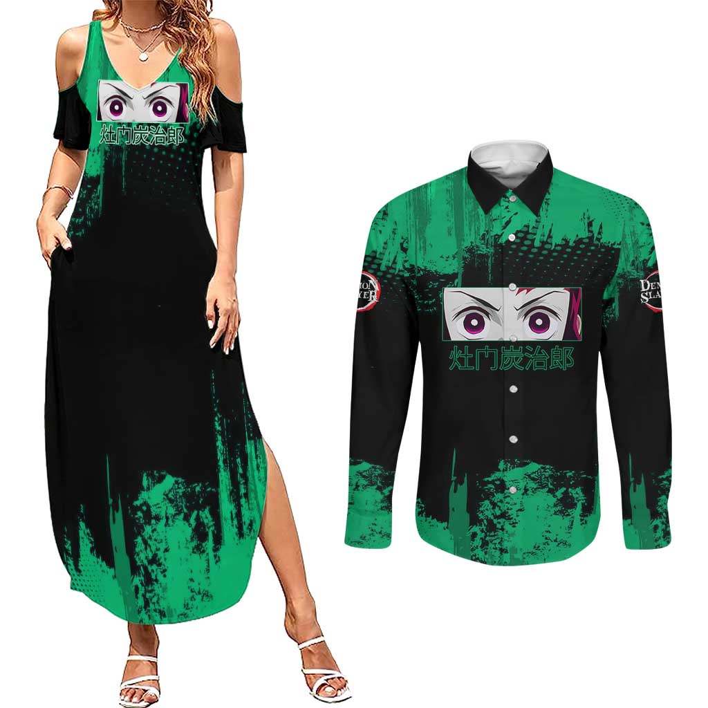 Tanjiro Kamado Demon Slayer Green Grunge Design Couples Matching Summer Maxi Dress and Long Sleeve Button Shirt with Determined Eyes and Classic Checkered Haori - The Mazicc