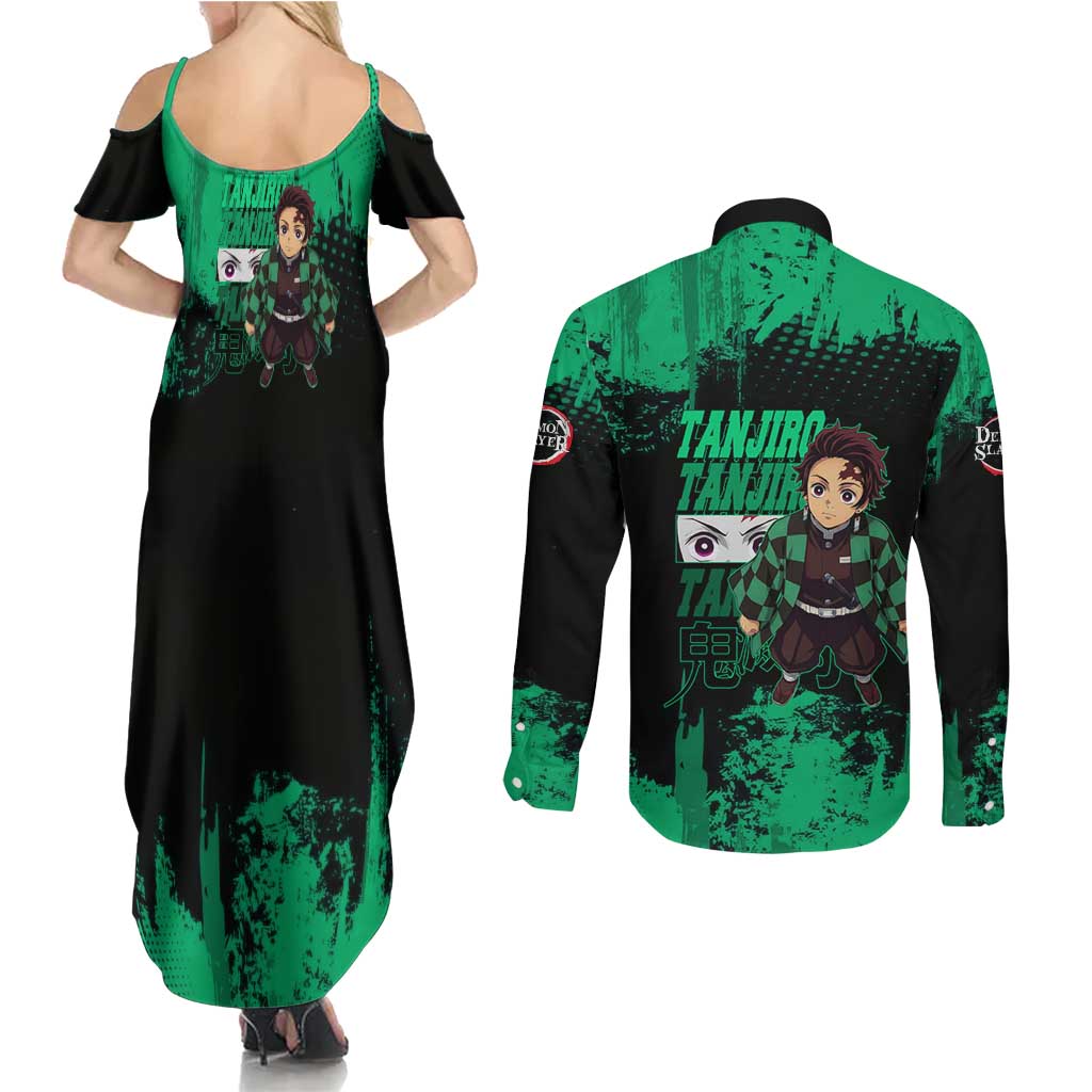 Tanjiro Kamado Demon Slayer Green Grunge Design Couples Matching Summer Maxi Dress and Long Sleeve Button Shirt with Determined Eyes and Classic Checkered Haori - The Mazicc