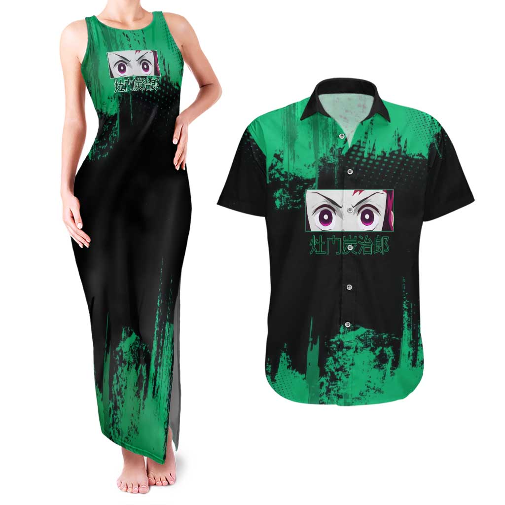Tanjiro Kamado Demon Slayer Green Grunge Design Couples Matching Tank Maxi Dress and Hawaiian Shirt with Determined Eyes and Classic Checkered Haori - The Mazicc