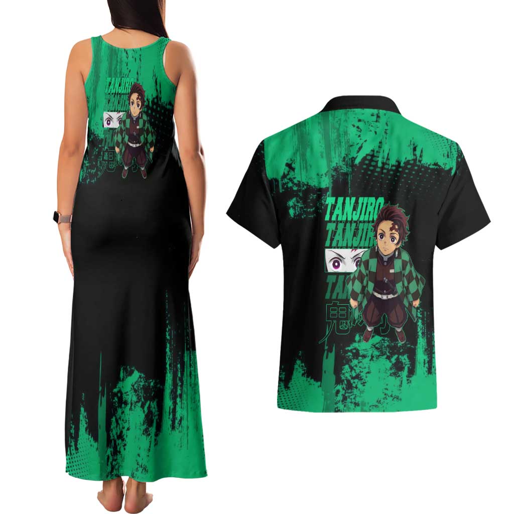 Tanjiro Kamado Demon Slayer Green Grunge Design Couples Matching Tank Maxi Dress and Hawaiian Shirt with Determined Eyes and Classic Checkered Haori - The Mazicc