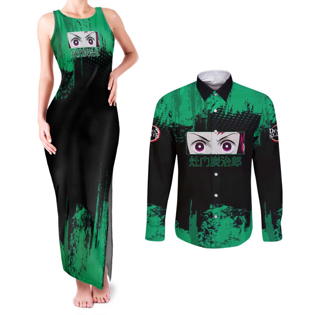 Tanjiro Kamado Demon Slayer Green Grunge Design Couples Matching Tank Maxi Dress and Long Sleeve Button Shirt with Determined Eyes and Classic Checkered Haori - The Mazicc