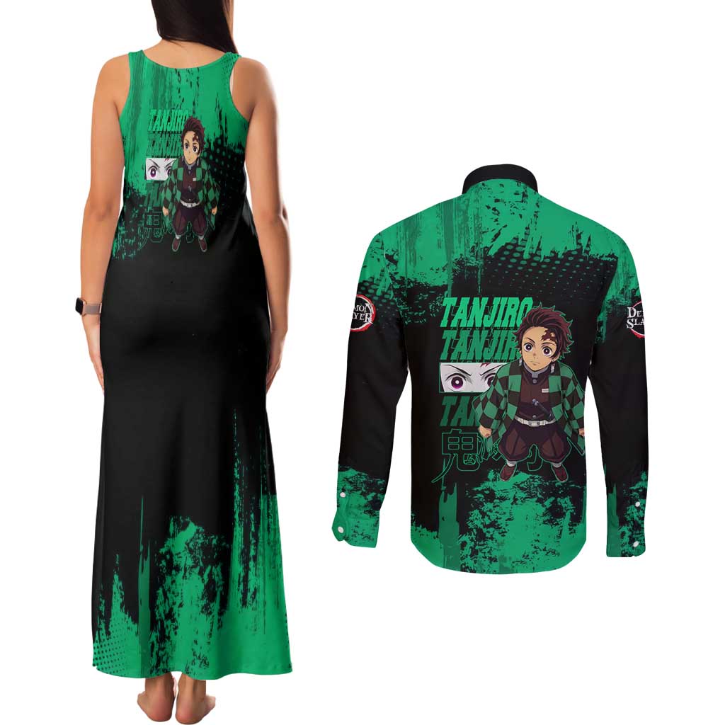 Tanjiro Kamado Demon Slayer Green Grunge Design Couples Matching Tank Maxi Dress and Long Sleeve Button Shirt with Determined Eyes and Classic Checkered Haori - The Mazicc