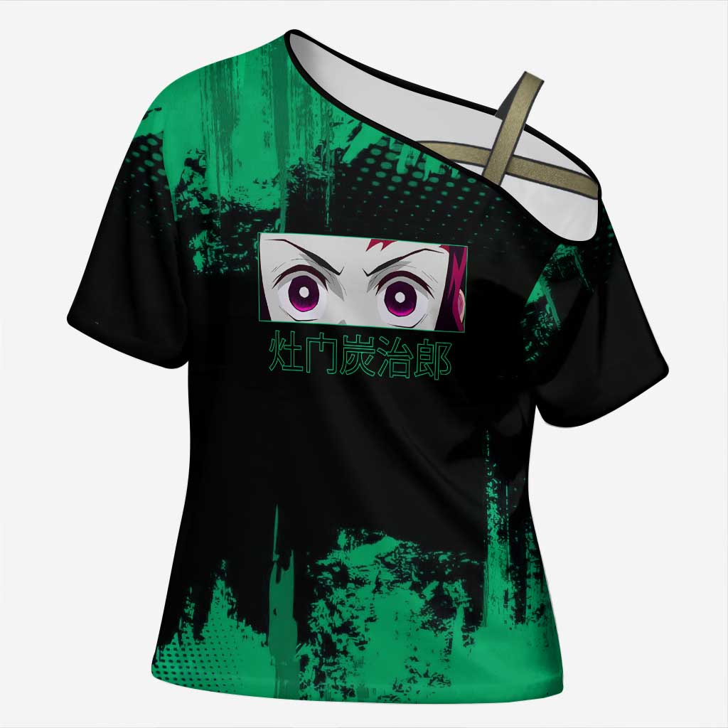 Tanjiro Kamado Demon Slayer Green Grunge Design Cross Shoulder Shirt with Determined Eyes and Classic Checkered Haori - The Mazicc