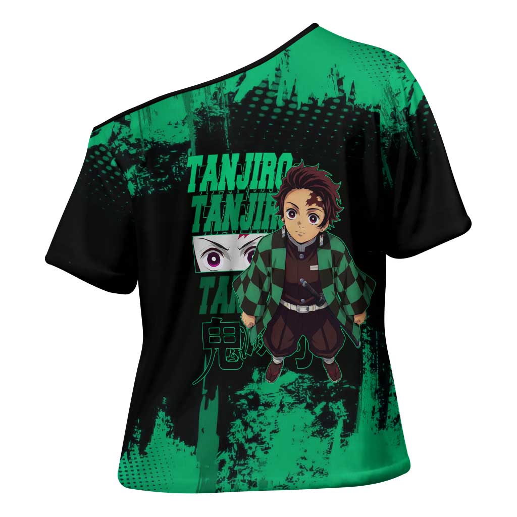 Tanjiro Kamado Demon Slayer Green Grunge Design Cross Shoulder Shirt with Determined Eyes and Classic Checkered Haori - The Mazicc
