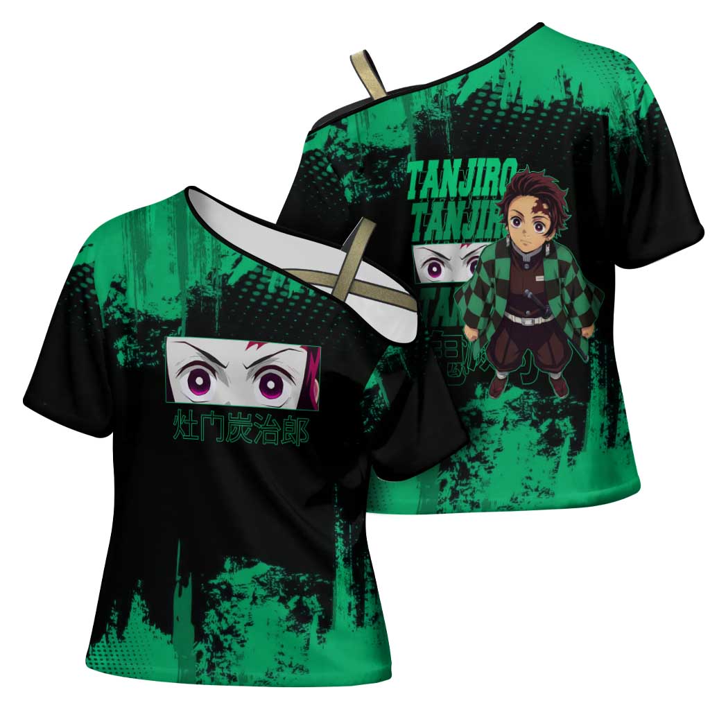 Tanjiro Kamado Demon Slayer Green Grunge Design Cross Shoulder Shirt with Determined Eyes and Classic Checkered Haori - The Mazicc