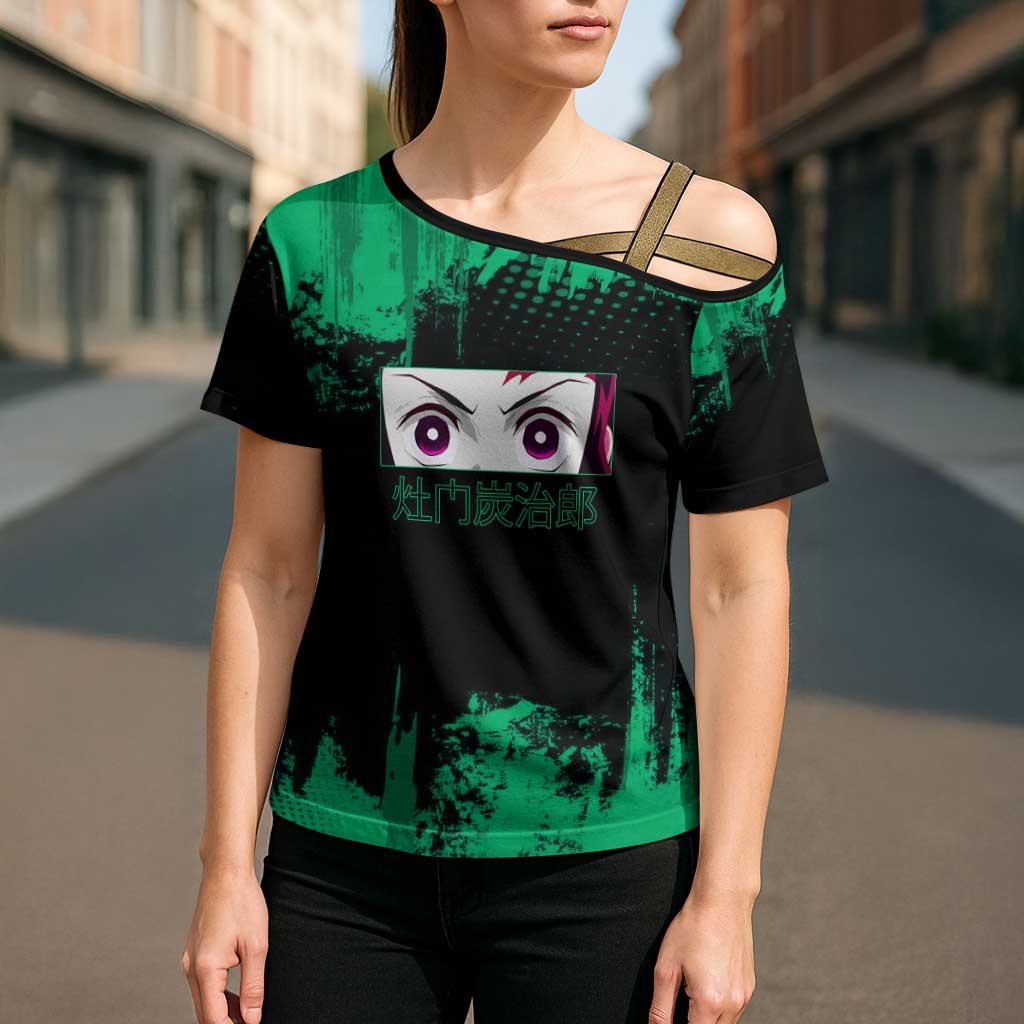 Tanjiro Kamado Demon Slayer Green Grunge Design Cross Shoulder Shirt with Determined Eyes and Classic Checkered Haori - The Mazicc
