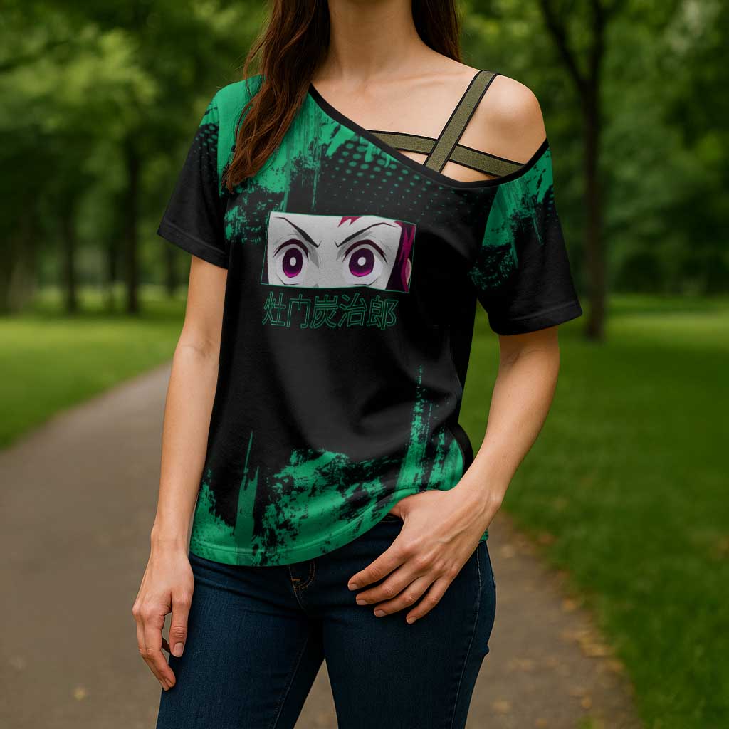 Tanjiro Kamado Demon Slayer Green Grunge Design Cross Shoulder Shirt with Determined Eyes and Classic Checkered Haori - The Mazicc