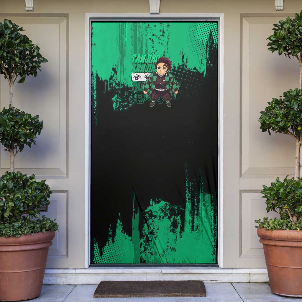 Tanjiro Kamado Demon Slayer Green Grunge Design Door Cover with Determined Eyes and Classic Checkered Haori - The Mazicc