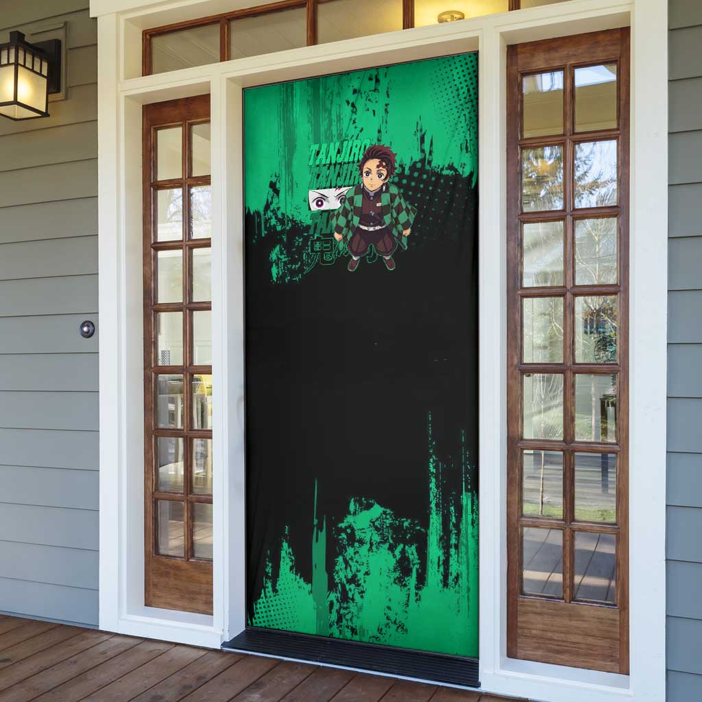 Tanjiro Kamado Demon Slayer Green Grunge Design Door Cover with Determined Eyes and Classic Checkered Haori - The Mazicc