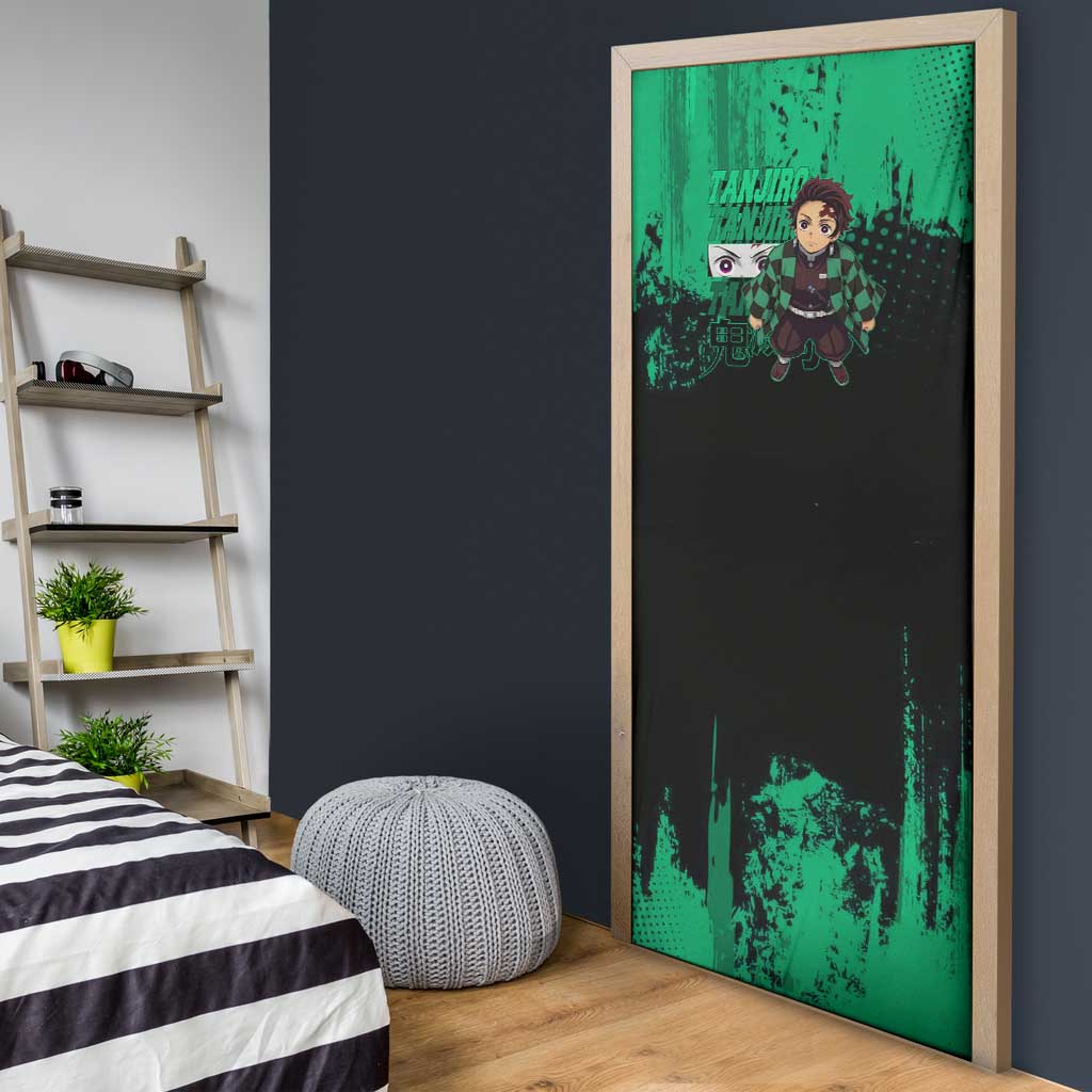 Tanjiro Kamado Demon Slayer Green Grunge Design Door Cover with Determined Eyes and Classic Checkered Haori - The Mazicc