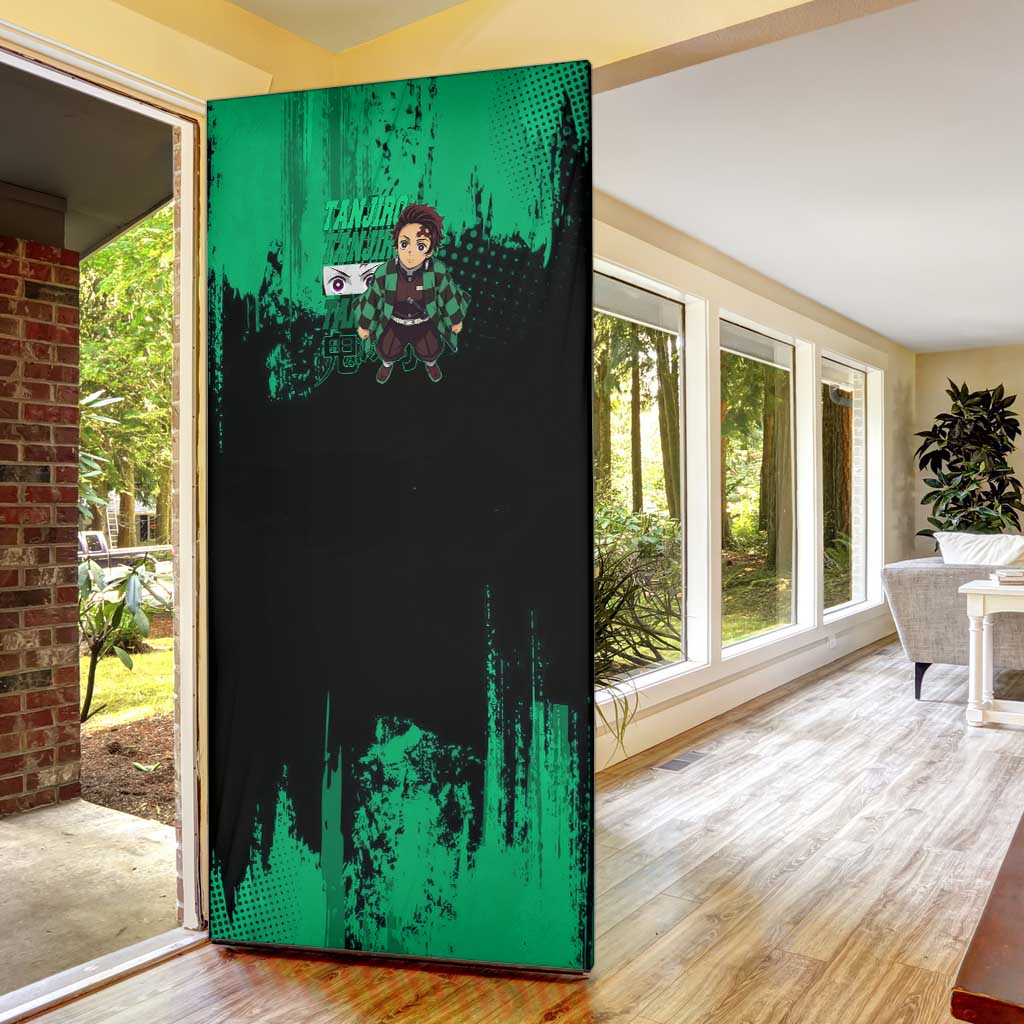 Tanjiro Kamado Demon Slayer Green Grunge Design Door Cover with Determined Eyes and Classic Checkered Haori - The Mazicc