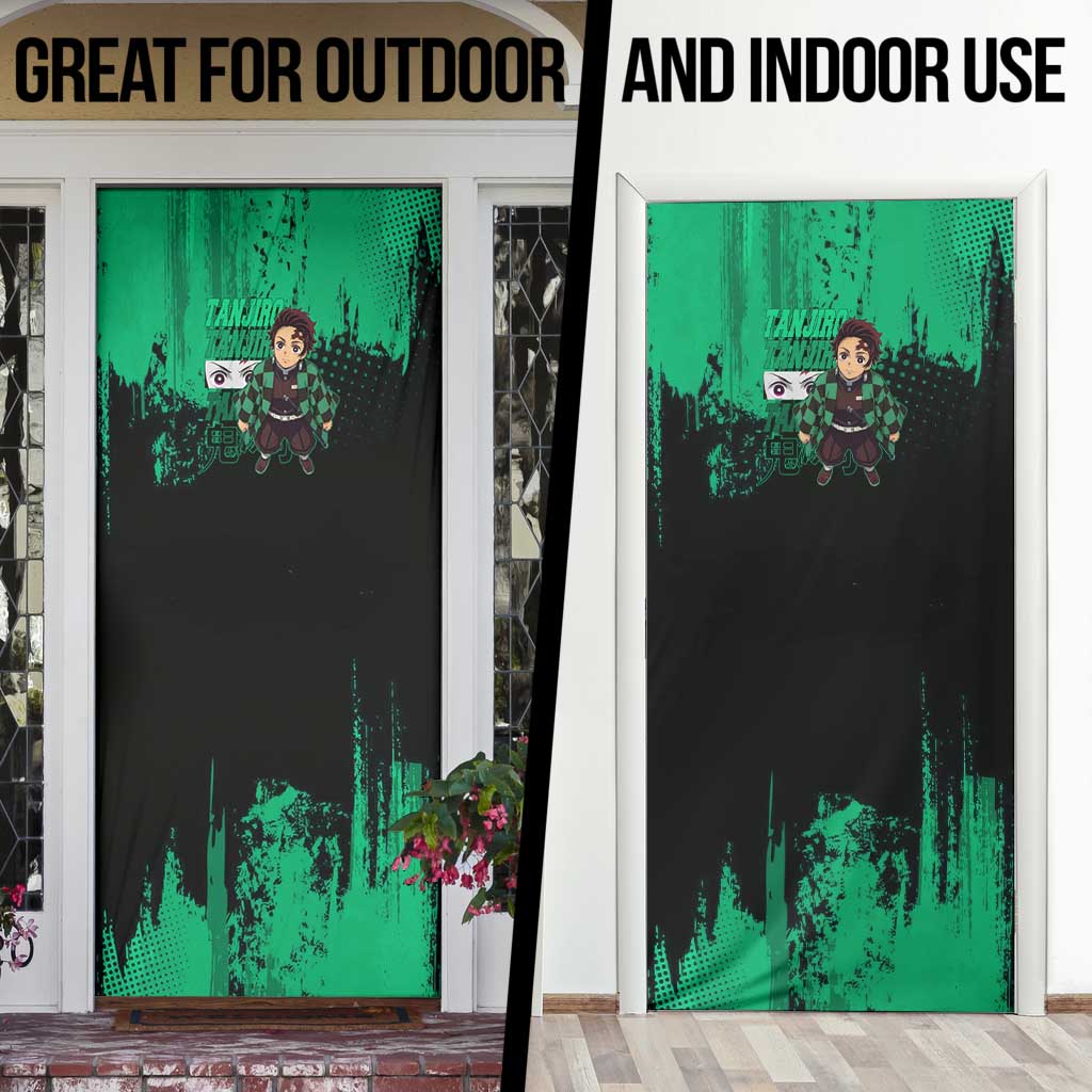 Tanjiro Kamado Demon Slayer Green Grunge Design Door Cover with Determined Eyes and Classic Checkered Haori - The Mazicc