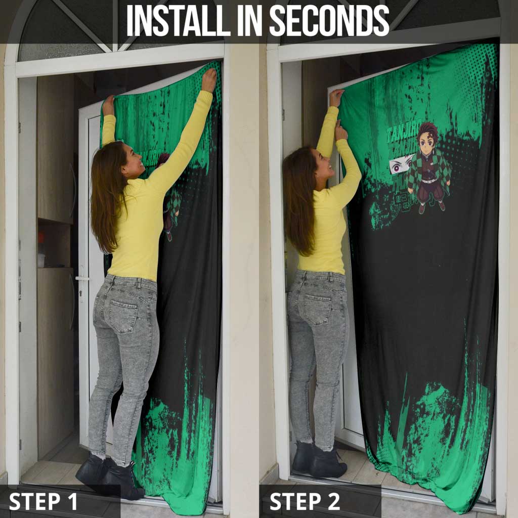 Tanjiro Kamado Demon Slayer Green Grunge Design Door Cover with Determined Eyes and Classic Checkered Haori - The Mazicc