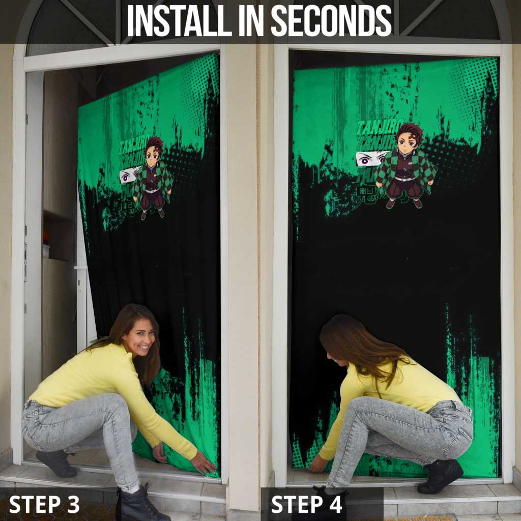 Tanjiro Kamado Demon Slayer Green Grunge Design Door Cover with Determined Eyes and Classic Checkered Haori - The Mazicc