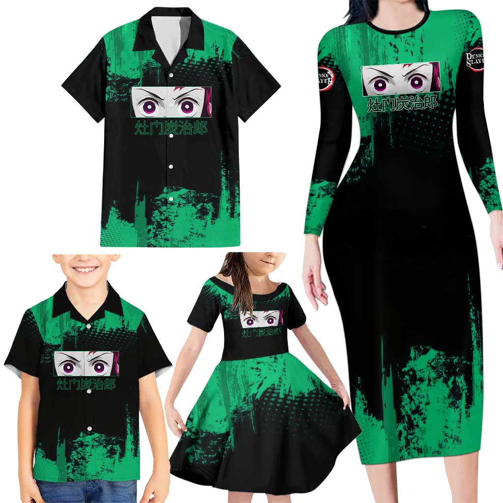 Tanjiro Kamado Demon Slayer Green Grunge Design Family Matching Long Sleeve Bodycon Dress and Hawaiian Shirt with Determined Eyes and Classic Checkered Haori