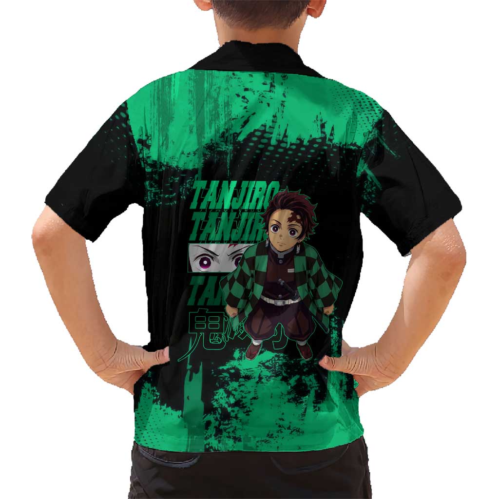Tanjiro Kamado Demon Slayer Green Grunge Design Family Matching Long Sleeve Bodycon Dress and Hawaiian Shirt with Determined Eyes and Classic Checkered Haori