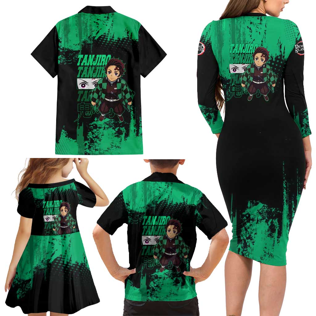 Tanjiro Kamado Demon Slayer Green Grunge Design Family Matching Long Sleeve Bodycon Dress and Hawaiian Shirt with Determined Eyes and Classic Checkered Haori
