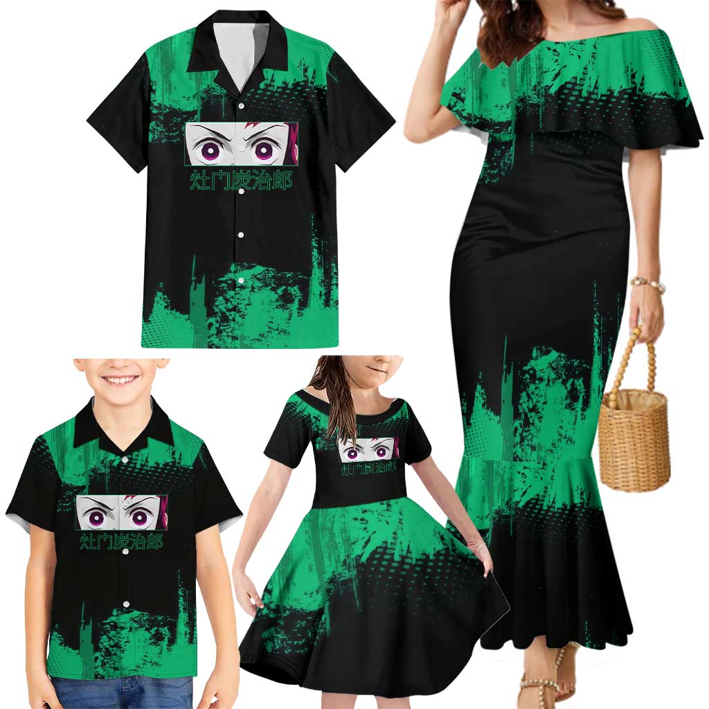 Tanjiro Kamado Demon Slayer Green Grunge Design Family Matching Mermaid Dress and Hawaiian Shirt with Determined Eyes and Classic Checkered Haori