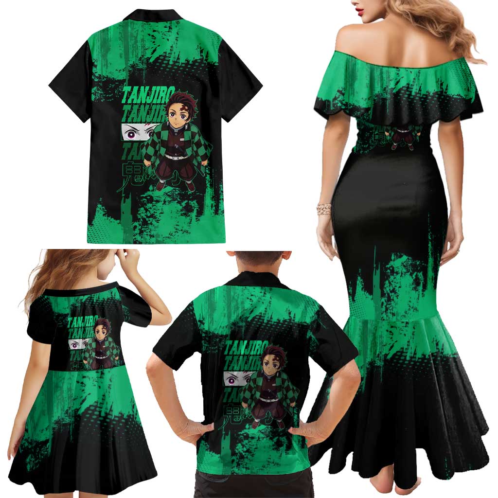 Tanjiro Kamado Demon Slayer Green Grunge Design Family Matching Mermaid Dress and Hawaiian Shirt with Determined Eyes and Classic Checkered Haori