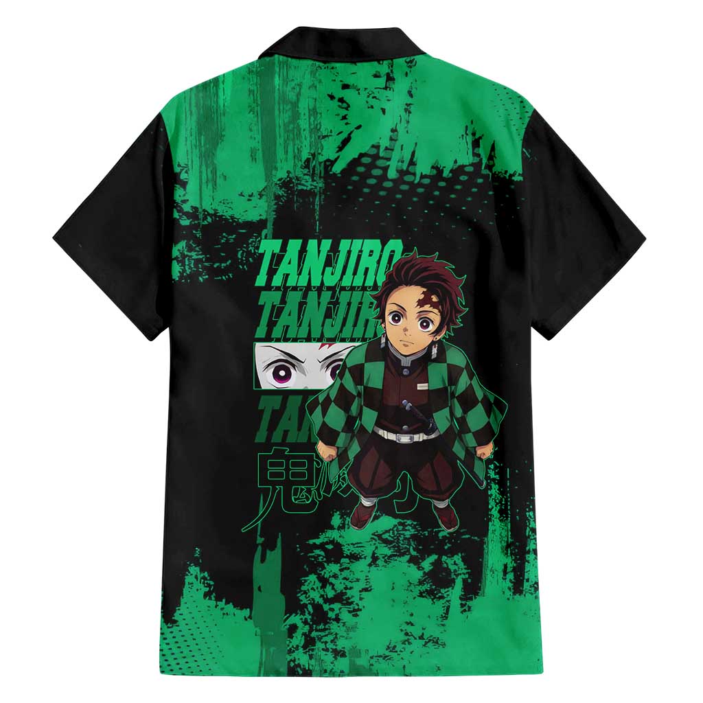 Tanjiro Kamado Demon Slayer Green Grunge Design Family Matching Mermaid Dress and Hawaiian Shirt with Determined Eyes and Classic Checkered Haori