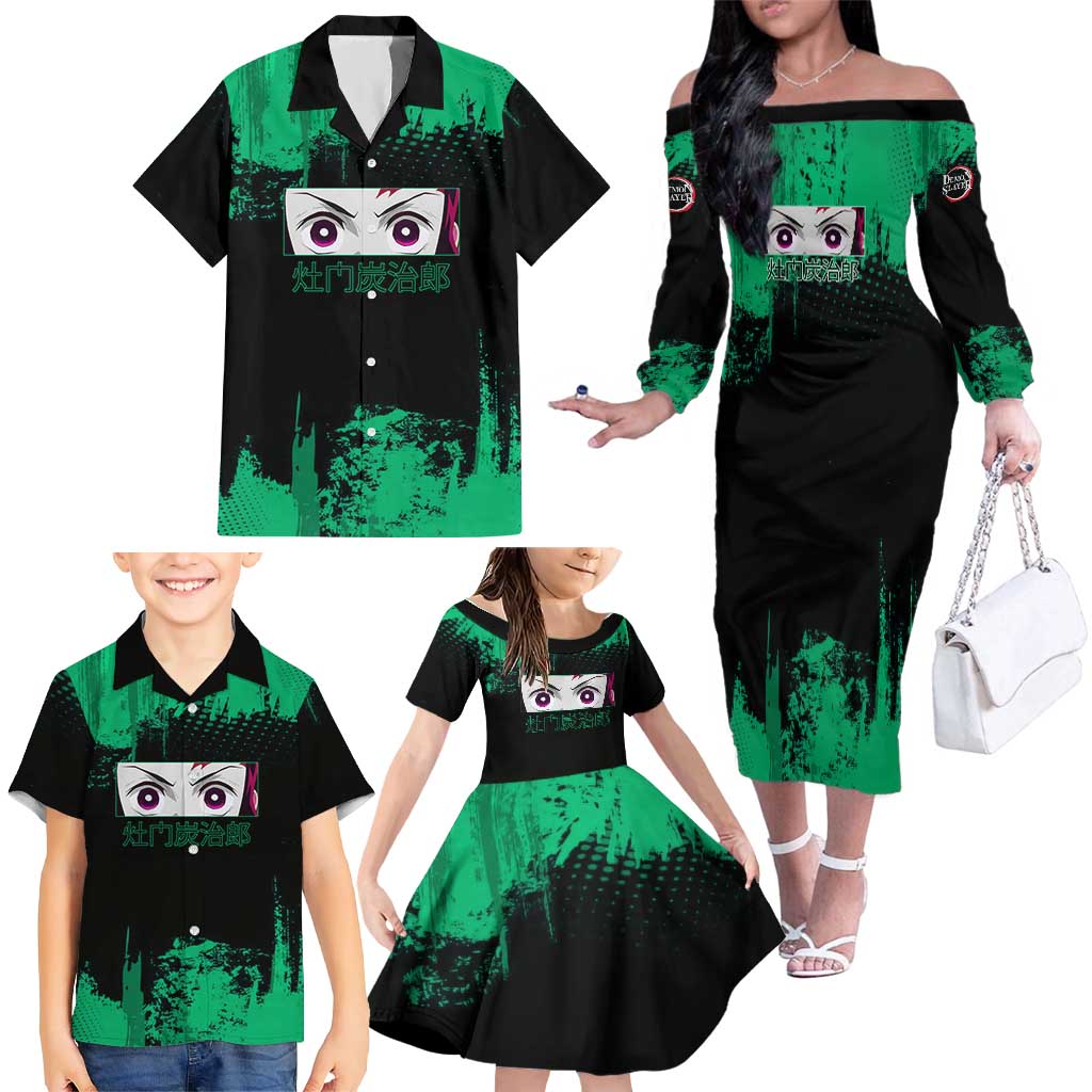 Tanjiro Kamado Demon Slayer Green Grunge Design Family Matching Off The Shoulder Long Sleeve Dress and Hawaiian Shirt with Determined Eyes and Classic Checkered Haori