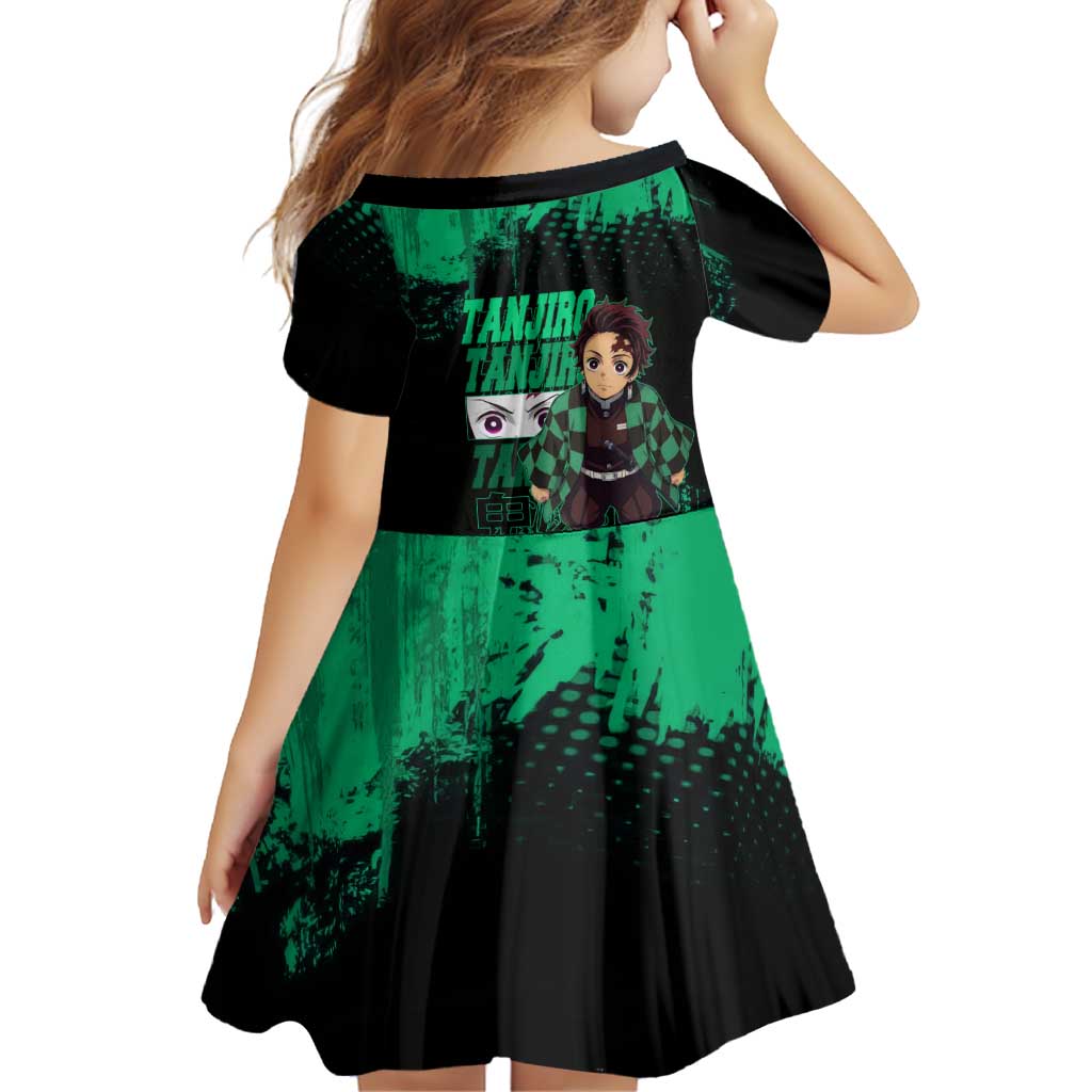 Tanjiro Kamado Demon Slayer Green Grunge Design Family Matching Off The Shoulder Long Sleeve Dress and Hawaiian Shirt with Determined Eyes and Classic Checkered Haori