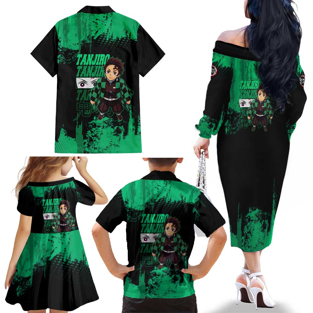 Tanjiro Kamado Demon Slayer Green Grunge Design Family Matching Off The Shoulder Long Sleeve Dress and Hawaiian Shirt with Determined Eyes and Classic Checkered Haori