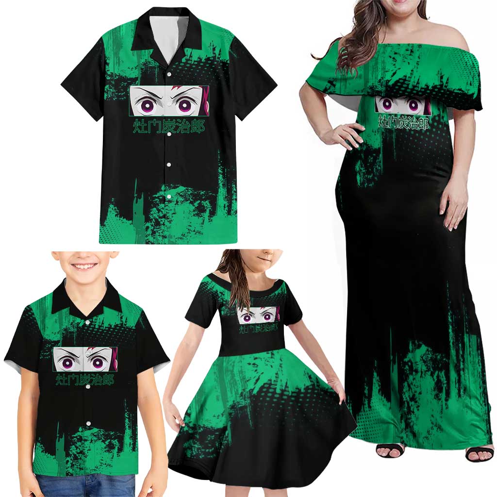 Tanjiro Kamado Demon Slayer Green Grunge Design Family Matching Off Shoulder Maxi Dress and Hawaiian Shirt with Determined Eyes and Classic Checkered Haori