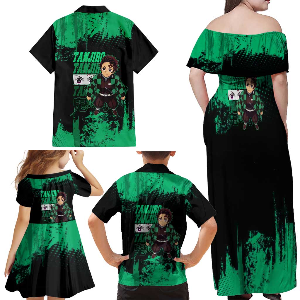 Tanjiro Kamado Demon Slayer Green Grunge Design Family Matching Off Shoulder Maxi Dress and Hawaiian Shirt with Determined Eyes and Classic Checkered Haori